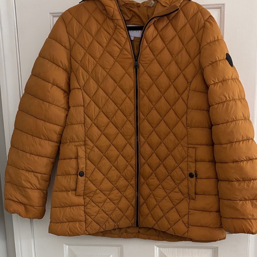 Madden Girl Quilted Hooded Puffer Jacket - Mustard large